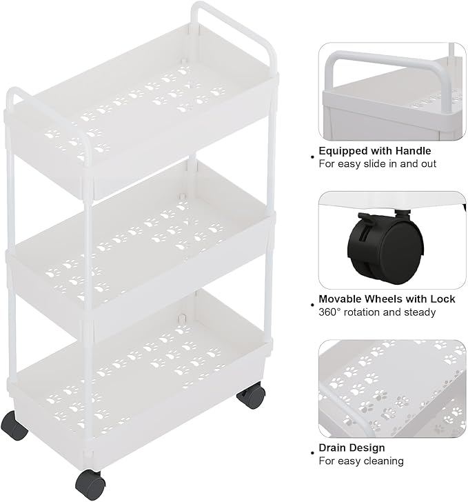 Buzowruil Rolling Storage Cart 3 Tier Organizer Mobile Shelving Unit Storage Rolling Utility Cart with Wheels for Kitchen Bathroom Laundry,White