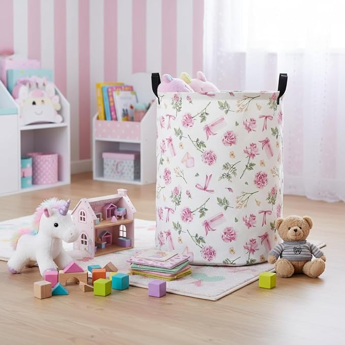 Baby Laundry Basket Baby Nursery Hamper Kids Laundry Basket Toy Storage Bin for Boys Room Decor Gift Baskets for Bedroom Bathroom(Gift Flower)