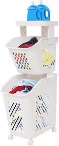 2 Tiers Rolling Laundry Hamper, White Plastic Laundry Basket Holder with Wheels, Vertical Laundry Hamper Sorter Cart, Rolling Clothes Hamper Organizer for Bathrooms Bedrooms