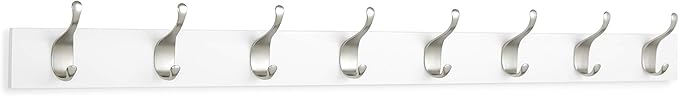 Amazon Basics Wall Mounted Modern Coat Rack for Entryway and Bedroom with Versatile Storage Hooks, Rectangular, 8-Hook, White | Rectangular, Modern