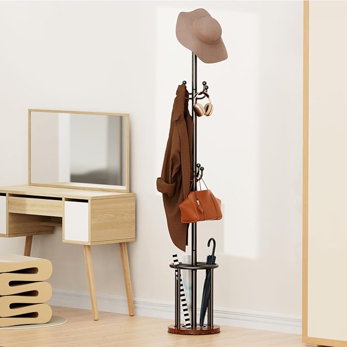 Coat Rack Freestanding, Coat Rack Stand with Umbrella Holder, Coat Tree, Coat Hanger Stand with 12 Hooks for Clothes Bag Hats, Hat Rack Hall Tree Coat Hanger Umbrella Stand for Entryway