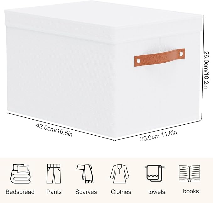 1 Pack Storage Box with Lid, Storage Basket for Shelves with Handles, Fabric Closet Organizer, White, 16.5 x 11.8 x 10.2 Inch