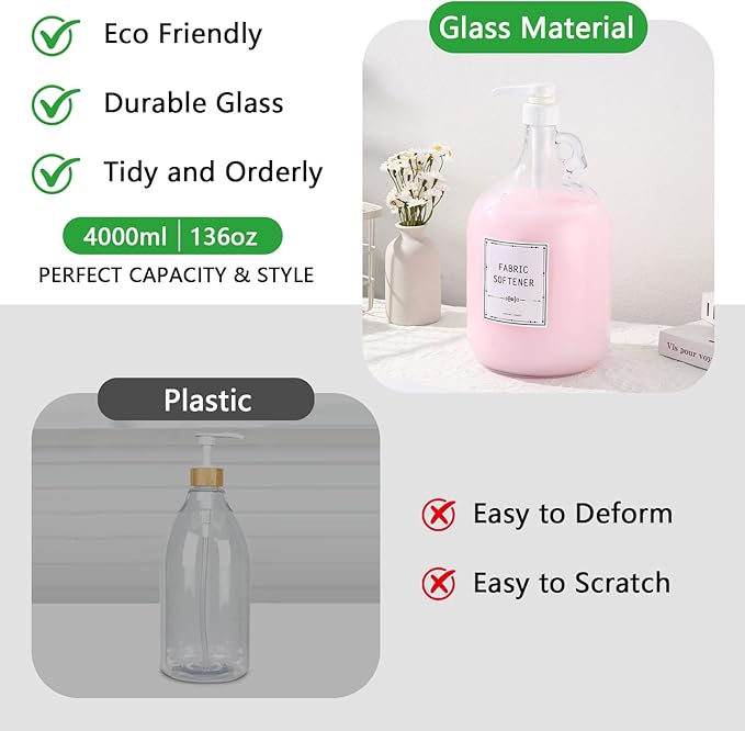 2pcs Glass Liquid Laundry Detergent Dispenser-1 Gallon Glass Pump Bottle Dispensers-Laundry Detergent Dispenser for Fabric Softener, Bleach, Shampoo, Body Wash- Laundry Soap Dispenser
