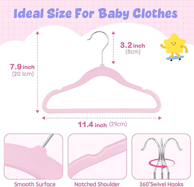 HOUSE DAY 11.4 Inch Baby Hangers 30 Pack - Plastic Kids Hangers Space Saving Thin Profile, Children Closet Organizers with Rotatable Hook of 360°, Heavy Duty for Toddler Clothes Nursery - Pink