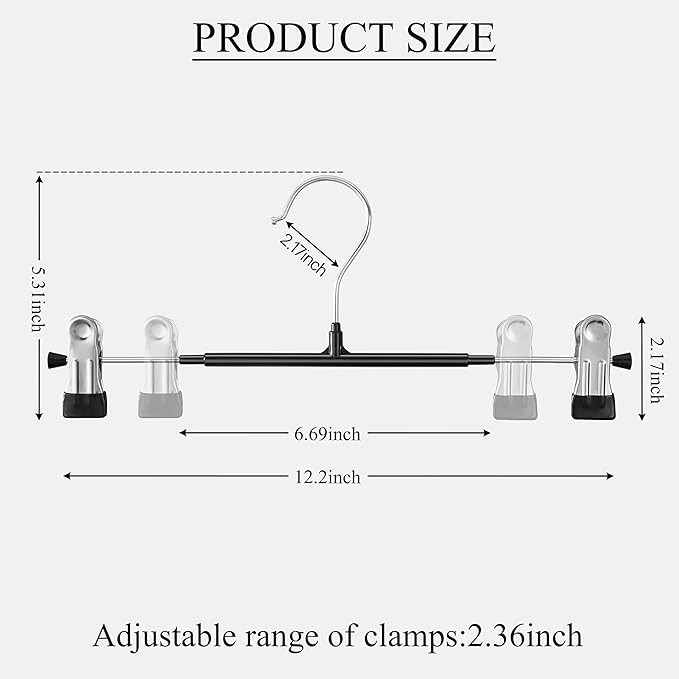 60 Pack 12 Inch Heavy Duty Pants Hangers with Clips, Metal, Black, Non Slip, Space Saving, Adult, Men, Children, Kid, Baby
