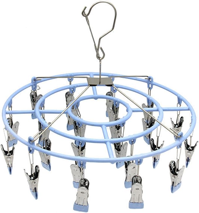 Stainless Steel Clothes Sock Drying Rack with 24 Clips, Swivel Hook Windproof Clothes Hanger Rack for Sock, Bras, Towel, Underwear, Laundry Clothes, Hat, Scarf, Pants, Gloves (Blue Clips)