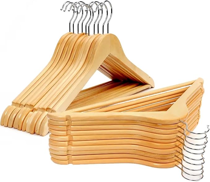 Wooden Hangers Premium Natural Bamboo Wood Hanger Well Polished Ergonomic Design & Sharply Cut Notches with Swivel Hook (Light Brown, Pack of 20)