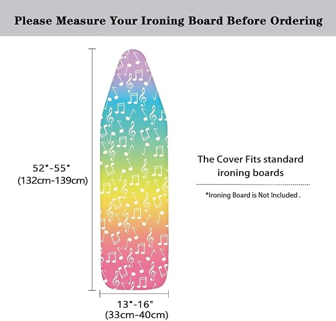 GLENLCWE Rainbow Music Note Ironing Board Cover,Colorful Iron Pad Covers Non Slip with Hook and Loop,Thick Padding Iron Board Cover Protector Washable