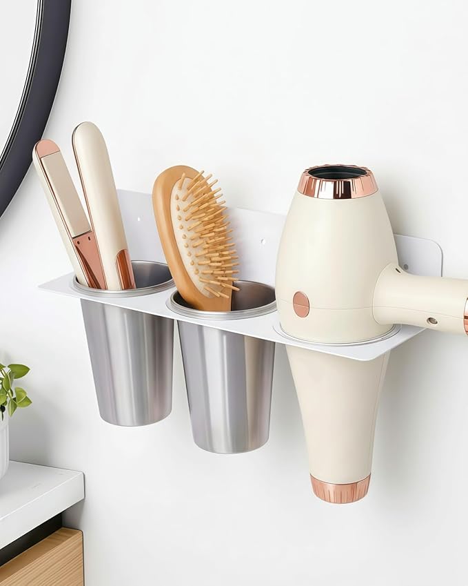 Hair Tool Organizer Wall Mount, Aluminum Alloy Curling Iron Holder Wall Mount, Hair Dryer and Straightener Holder with 2 Stainless Steel Cups 3-in-1 Storage for Bathroom Vanity Salon White PTALSEAW