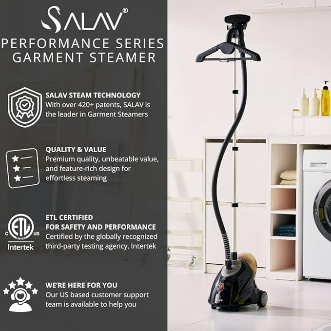 SALAV® GS18-DJ Standing Garment Steamer with Roll Wheels for Easy Movement, 1.8L Water Tank for 1 Hour Continuous Steaming, Adjustable Pole for Storage, Includes Descaler Packet, 1500 watts (Renewed)