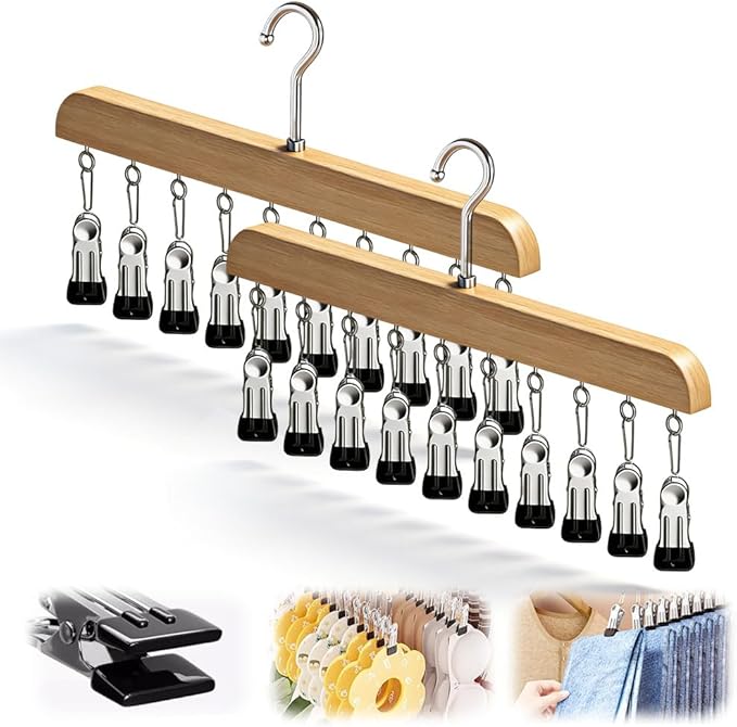 Legging Hangers for Closet, 2026 New Closet Organizer with Clips, 360° Rotating Space Saving Hanging Closet Organizer for Leggings Socks Hats Jeans (Wood-10 Clips, 2PCS)