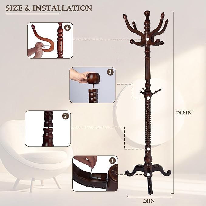Wood Coat Rack Freestanding, Natural Coats Tree Stand with 14 Hooks, 73" Sturdy and Easy Assembly Coat Rack Stand for Entryway, Hallway, Bedroom, Bags, Hats (Tri-legged Base, Cherry Color)