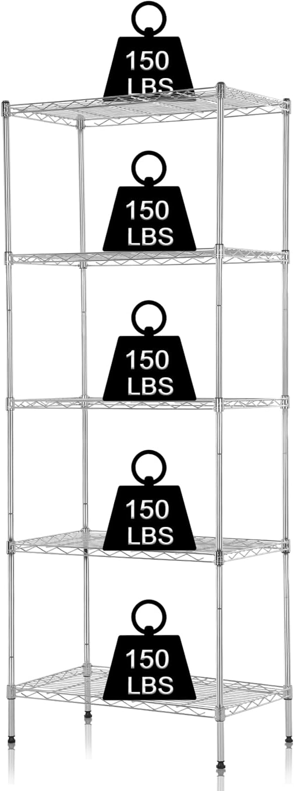 Storage Shelves Heavy Duty Metal Shelving Unit with Leveling Feet, 5 Tier Adjustable Garage Storage Rack, 750 LBS, Utility Metal Shelves for Pantry Kitchen Office (Chrome, 24" L x 14" W x60" H)