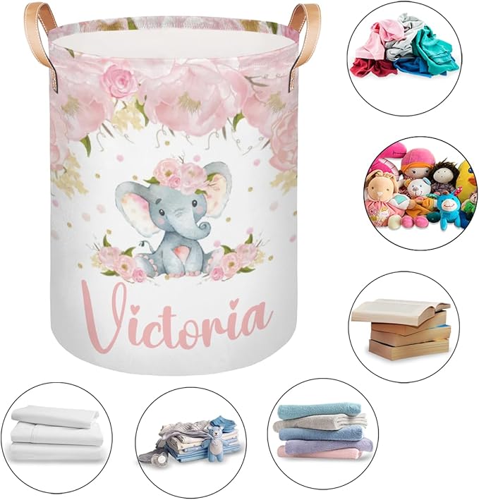Personalized Laundry Basket, Custom Gift Laundry Hamper, Collapsible Nursery Waterproof Laundry Baskets, Dirty Clothes Toy Hamper with Handles Pink Floral Cute Elephant
