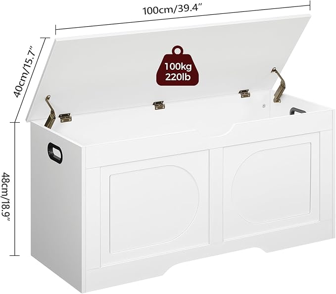 Storage Chest, 39.4” Toy Box, Entryway Storage Trunk, Shoe Bench with Storage, Engineered Wood Storage Cabinet with 2 Safety Hinges, Entrance Bench for Living Room, White SCWT2001