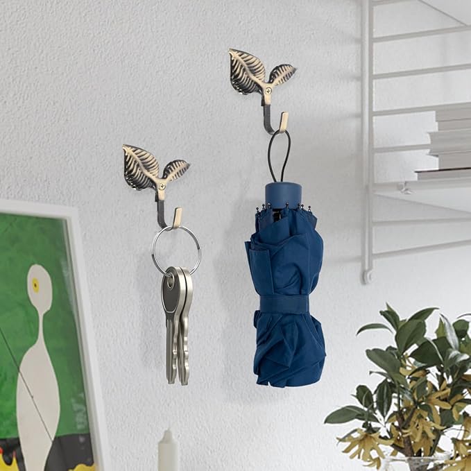 Leaf Shaped Wall Hooks Set of 4 Small Decorative Iron Coat Hooks for Bedroom Bathroom Kitchen Storage Vintage Style Clothes Hooks 3.07X2.75 Inches