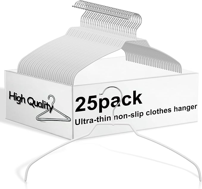 Kathfly 25 Pcs Ultra Light and Thin Non-Slip Hangers White Space Saving Clothes Hangers No Shoulder Bump for for Shirt Sweater Camisole Jacket Dress Coat