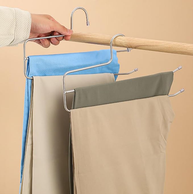 Pants Hangers Space Saving 6 Pack 2 Layers Trouser Hanger Multifunctional 5.0 mm Stainless Steel Jeans Rack for Wardrobe Heavy Trousers Scarf Jeans Silver