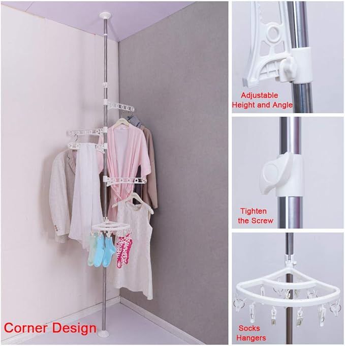 BAOYOUNI 4-Tier Standing Clothes Laundry Drying Rack Grament Coat Hanger Organizer Floor to Ceiling Adjustable Metal Corner Tension Pole Spce Saver with Socks Towel Clothespins, Ivory