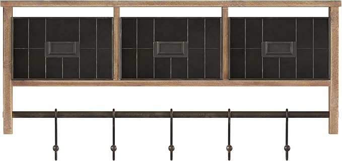 Flash Furniture Daly Wall Mounted Storage Rack - Rustic Brown Solid Pine Wood - 24 Inch - Upper Shelf - 5 Hooks - Wire Baskets - For Entryway, Kitchen, Bathroom