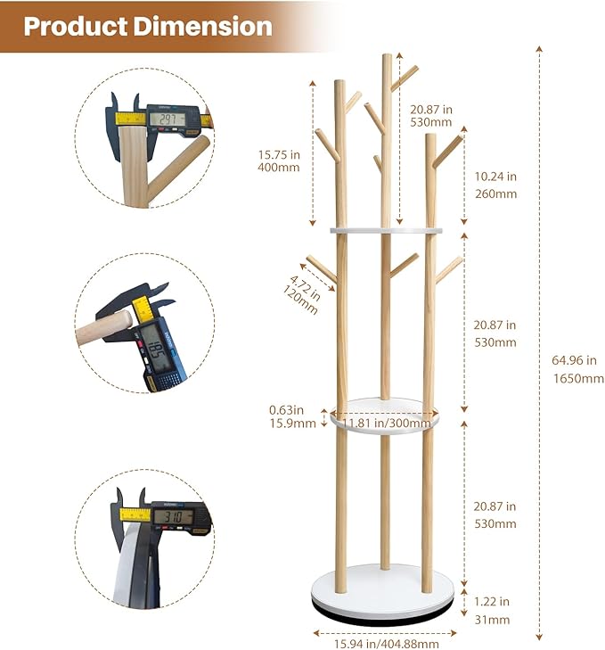 LIWSHWZ Solid Wood Rotary Coat Rack,Coat Rack Freestanding with 3 Shelves and 9 Hooks,Coat Hanger Stand for Purse,Bag,Hat,Corner Hanger Stand Racks for Hall,Entryway,Office,Modern Clothes Holder