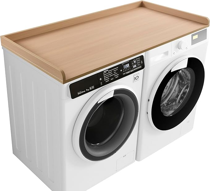 Kaboon Washer Dryer Countertop, Melamine Countertop with Edge Rails - 27.5" Depth x 54" Width Laundry Room Organization, Light Walnut