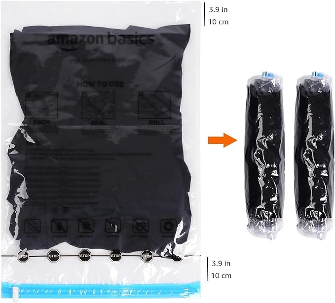 Amazon Basics Roll-Up Travel Compression Storage Bags for Clothes and Towels, No Vacuum Needed, Clear, 12 Count (6 Small & 6 Medium) (Pack of 10)