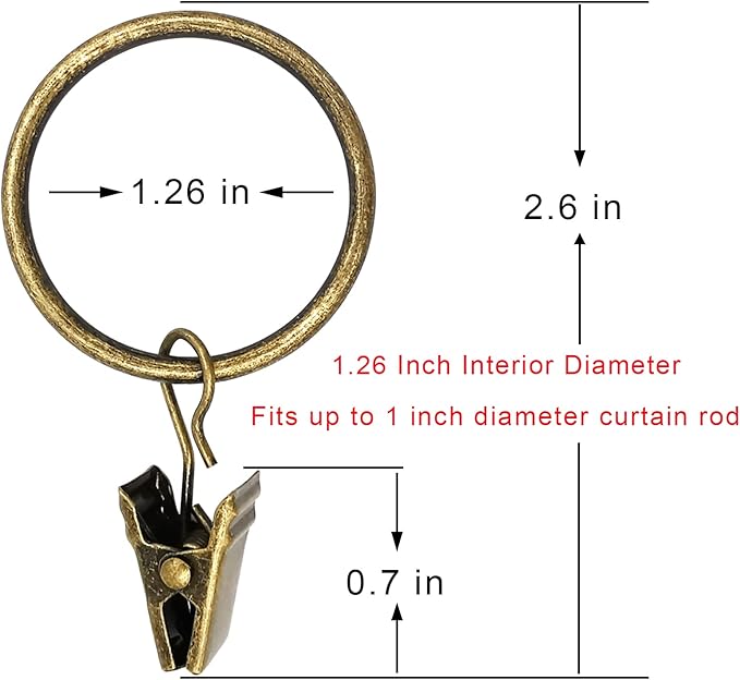 40 Pack Bronze Curtain Rings with Clips, Curtain Hooks Hangers Clip Rings for Hanging Drapes Bows Hat, Drapery Rings 1.26 in I D, Fits up to 1 in Diameter Curtain Rod.