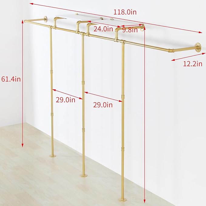Wall Mounted Gold pipe clothing rack with 3 T-Bar Design and Nano Gold Finish with 2 Wooden Shelves Heavy Duty Wall Mounted Iron Garment Bar for Retail Display and Closet Storage