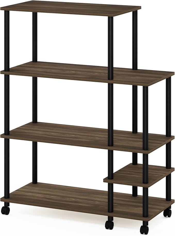 Furinno Turn-N-Tube Bakers Rack with Wheels, 4-Tier Kitchen Storage Cart, Kitchen Cart, Coffee Bar, Pantry Organizers and Storage, Brown Walnut