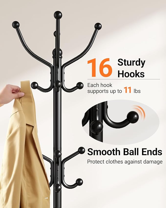 Pipishell Metal Coat Rack with Sturdy Marble Base, Coat Tree with 16 Hooks & Detachable Umbrella Holder, Freestanding Coat Rack for Entryway, Corner, Bedroom and Home Office, Black