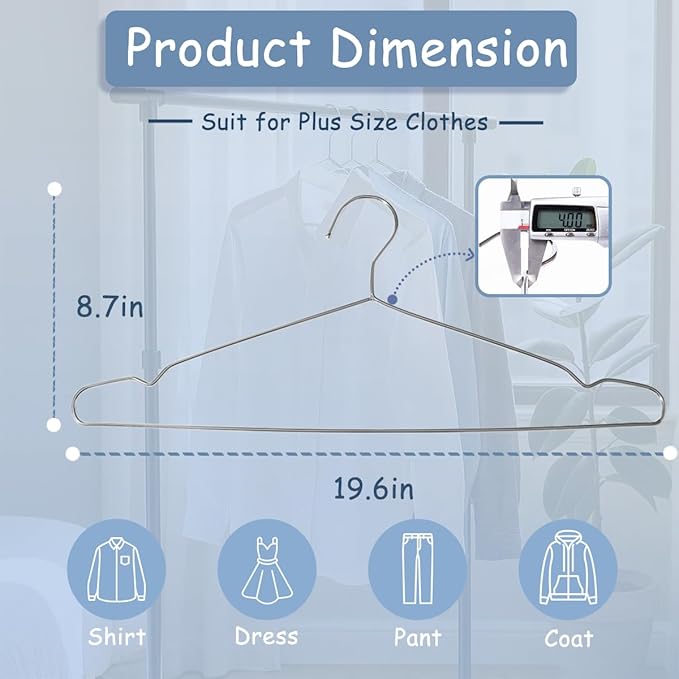 King Mills 19.6inch Stainless Steel Plus Size Hangers, Ideally Used as Extra Large Hangers for Heavy-Duty Clothes, Shirts, Oversized Coats, Dresses and Etc. Silver. 30pk.