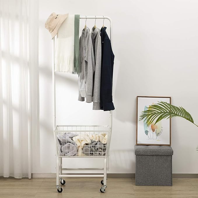 ALIMORDEN Laundry Cart with Clothes Rack, Rolling Laundry Butler with Wire Storage Rack，White