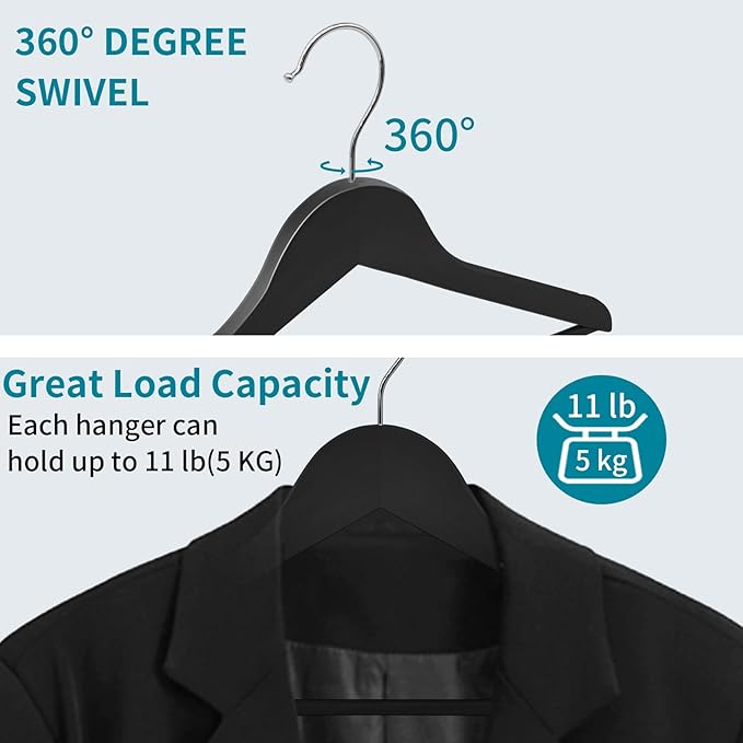 30 Pack Wooden Coat Hangers, 360° Swivel Hook, Suit Hangers with Anti-Slip Notches, Clothes Hangers for Jackets, Shirts, Dress, Black UAWY0530B