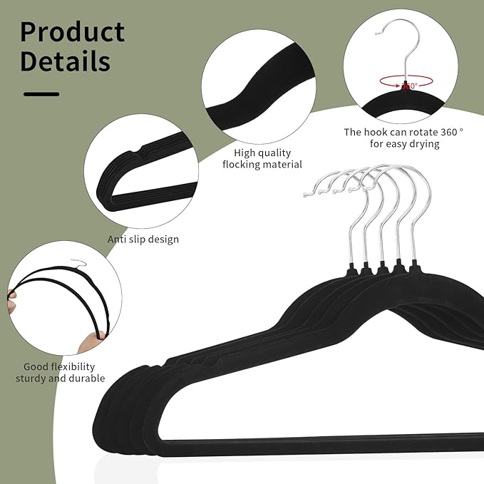 Premium Velvet Clothes Hangers, Heavy Duty Study Black Hangers for Coats, Suit & Dress - Non Slip Clothes Hanger Set (50, Black/Silver)