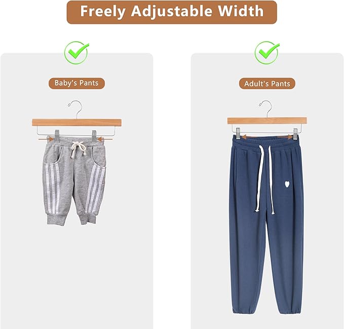 24 Pack Wooden Pants Hangers, Wood Skirt Trouser Hanger for Jeans, Slacks, Shorts with 2-Adjustable Clips Anti Rust Hook (Natural)-HL01NP24