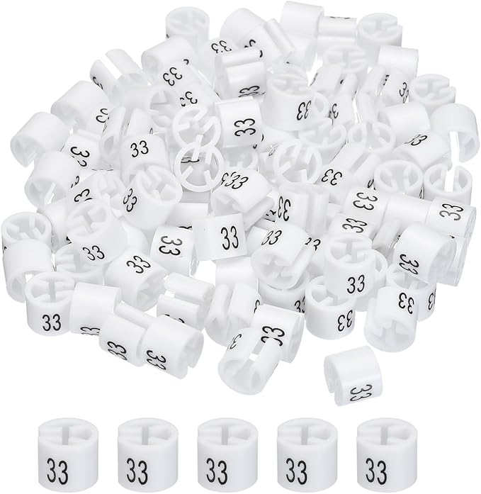 MECCANIXITY Clothes Hanger Marker Colored Hanger Sizer Garment Markers Tag (Number 33, White) for Garment Clothing Color Coding, Pack of 100 Pcs
