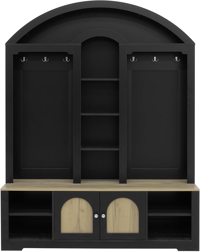 77''H Hall Tree with Curved Design, Multi-functional Coat Rack with Shoe Racks, Clothes Hangers, Hooks, Double-Layer Storage Cabinets and Open Storage Space for Hallway, Living Room (Black+Natural)