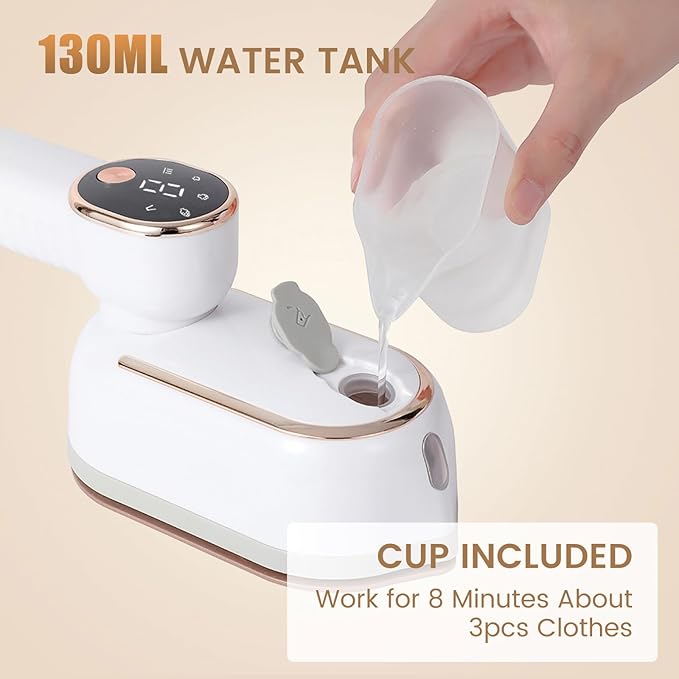 Portable Clothing Steamer, 1000W Clothing Wrinkle Remover, 3+1 Steam Adjustment Multifunctional Hanging Iron with LED Digital Display Screen, 130ml, with Water Shortage Warning, Safe Use (White)