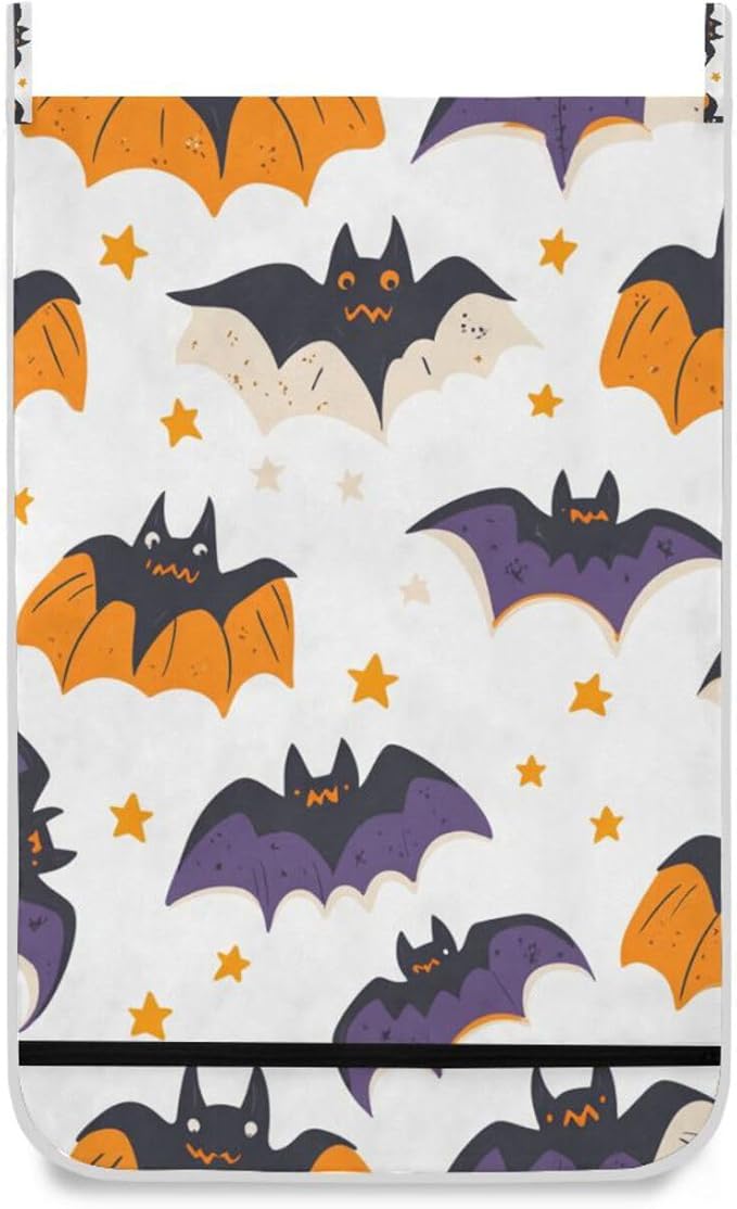 White Halloween Bats and Stars Hanging Laundry Hamper Door Hampers Bag Basket with Stainless Steel Hooks Oxford Fabric Printing Decorative Clothes Bags 29.5X20inch 1Pack