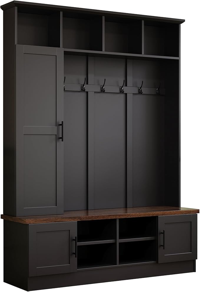 Versatile 3-in-1 Hall Tree with 6 Hooks, Farmhouse Walnut Storage Bench with Adjustable Shelves, 55" W Entryway Coat Rack with Multiple Storage Space for Mudroom, Living Room (Black-7)