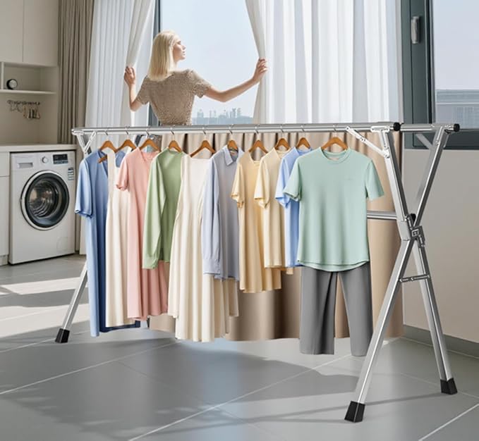 63 Inches Heavy - Duty Stainless Steel Folding Clothes Drying Rack Clothing Indoor Outdoor Anti-Rust 20 Windproof Hooks Portable & Foldable Laundry Rack (63'')