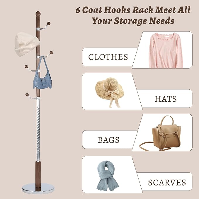 Wooden Coat Rack Freestanding with Resin Hooks, Adjustable Heavy Duty Stand for Hanging Coats, Bags, Hats, and Umbrellas in Living Room, Bedroom, Entryway (Cherry color-metal)