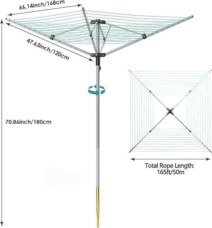 tonchean Rotary Umbrella Drying Rack, Adjustable Height Rotary 4-arm Umbrella Clothesline for Laundry Outdoors Dryer Collapsible Clothes Drying Rack | 12-Lines with 165 ft. Clothesline