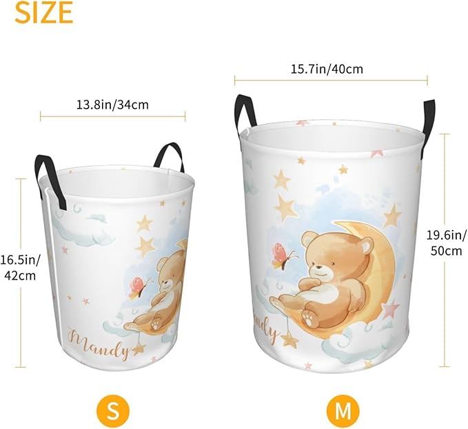 Personalized Laundry Basket for Nursery, Custom Nursery Laundry Hamper with Name, Customize Baby Clothes Circular Hamper for Boys Girls Room Decor, Bear