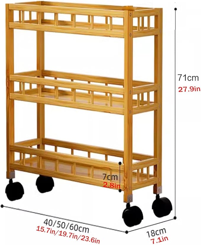 3/4Tier Slim Storage Rolling Cart with Wheel,Wood Storage Trolley Cart,Kitchen Rolling Utility Bamboo Kitchen Slide Out Organizer Rack,Mobile Shelving for Kitchen Bathroom gap(3Tier 50cmwide)