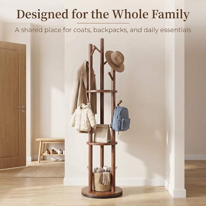 Solid Wood Freestanding Coat Rack, Coat Tree with 3 Shelves & 9 Hooks, 360° Smooth Rotation, Space-Saving Corner Coat Rack, Coat Hanger Stand for Entryway, Bedroom, Living Room(Walnut)