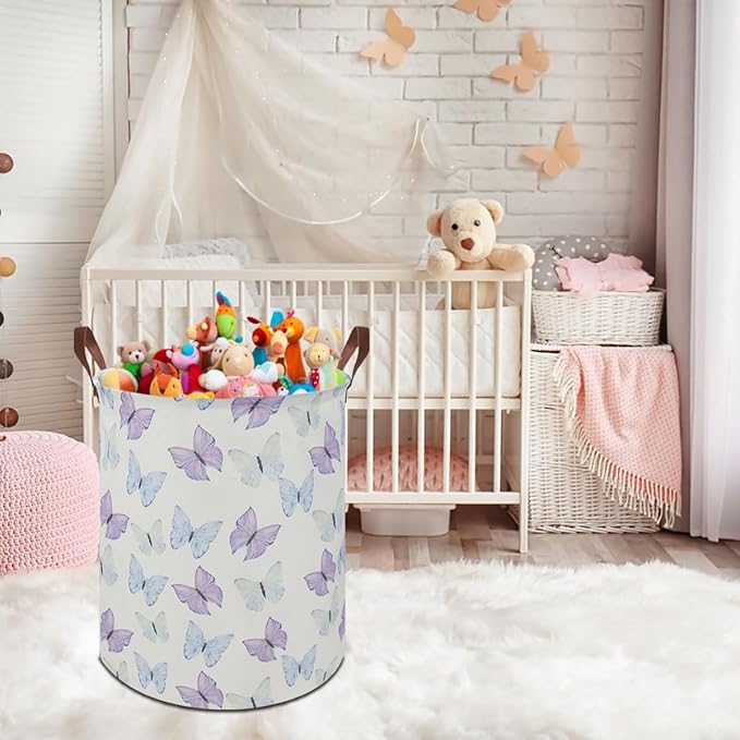 19.7" Butterfly Laundry Basket,Kids Dirty Clothes Hamper,Waterproof Toys Storage Bin,Room Decor,Gift Baskets,Baby Nursery Hamper(Blue & Purple Butterfly)