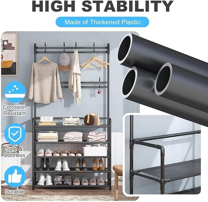 5 Tiers Shoe Rack Coat Rack, Entryway Bench Storage Organizer Multi-Functional Freestanding Shoe Shelf Coat Storage Organizer with 8 Hooks Hat Rack for Entryway Home Door Hallway