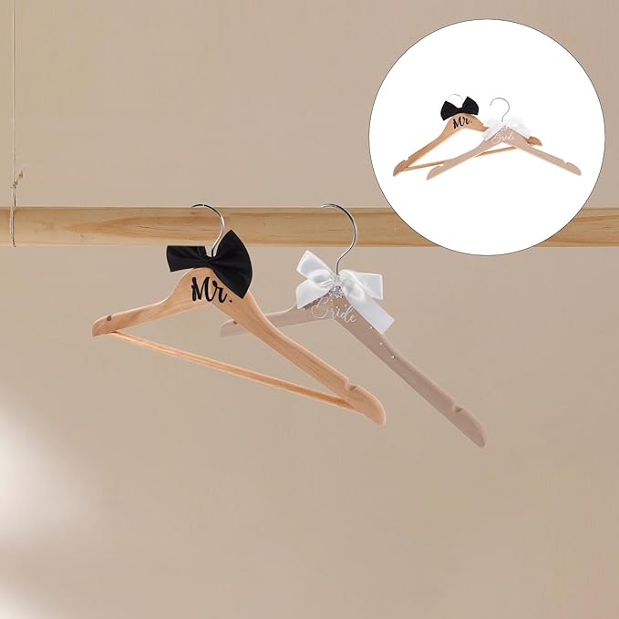 ABOOFAN Bride and Groom Hangers Set 2Pcs Wooden Wedding Dress Hanger with Bow Tie for Tuxedo Suit Bridal Party Shower Keepsake